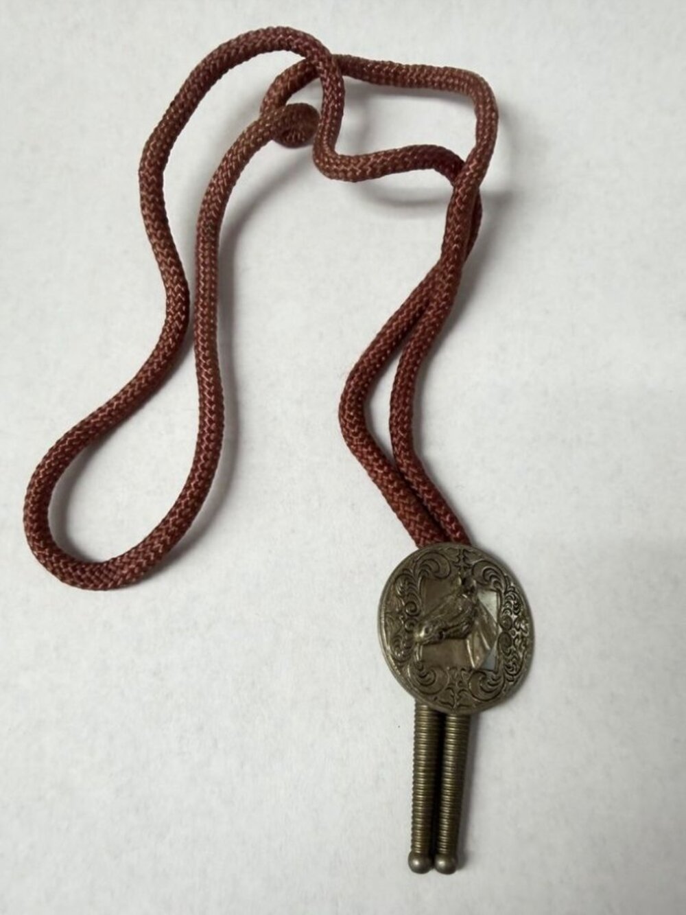 Bolo Tie Hickok USA Horse Red Rust Colored Nylon Cord Vintage